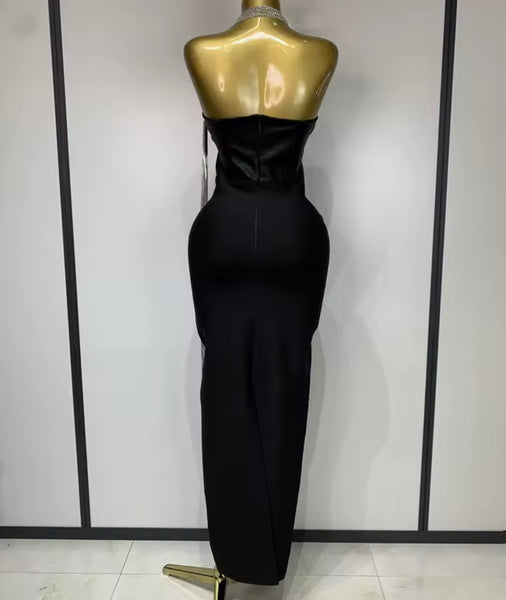 Women Sexy Black Rhinestone Chain Sleeveless Maxi Dress