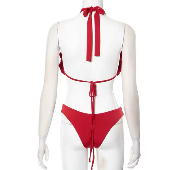 Women Sexy Color Ruffled Halter Bikini Swimsuit