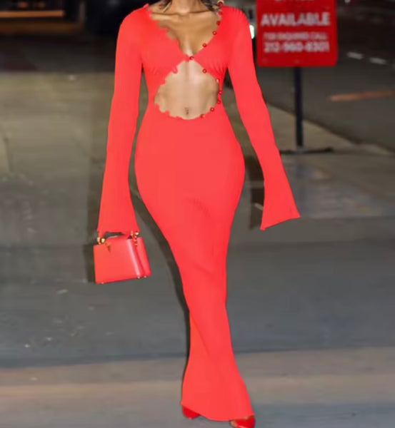 Women Red Cut Out Full Sleeve Sexy Maxi Dress