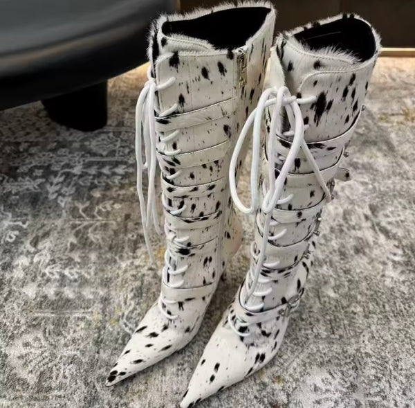 Women Fashion Mohair Lace Up Buckled Knee High Boots