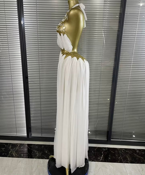 Women Sexy Halter Sleeveless Metal Ring Chiffon Maxi Dress