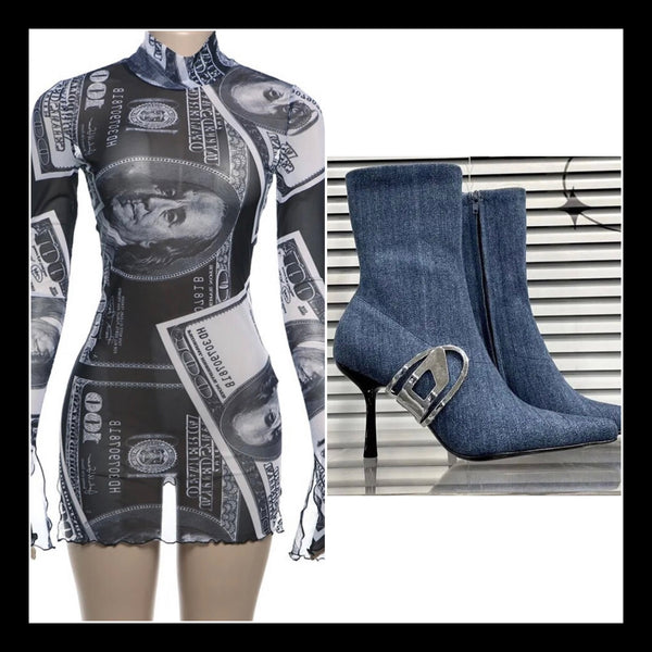 Women Sexy B&W Money Print Full Sleeve Mesh Dress