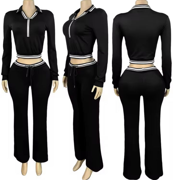 Women Fashion Zip Up Color Block Tracksuit Two Piece Pant Set