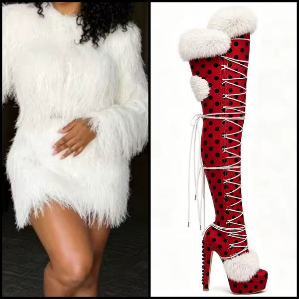 Women Fur Polka Dot Lace Up Over The Knee Platform High Heel Boots