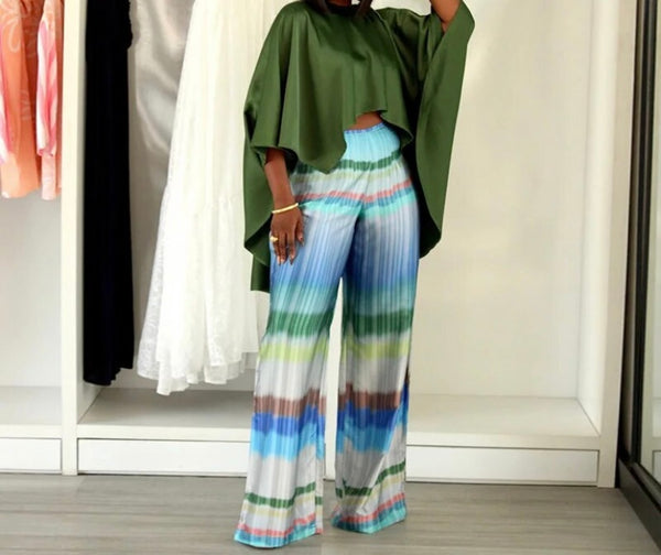 Women Fashion Asymmetrical Short Sleeve Printed Two Piece Pant Set