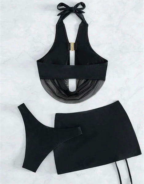 Women Sexy Black Halter Mesh Bikini Cover Up Set