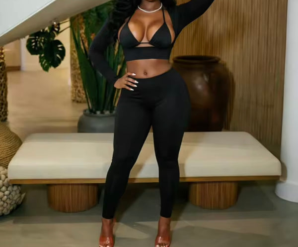 Women Sexy Cut Out Full Sleeve Crop Two Piece Pant Set
