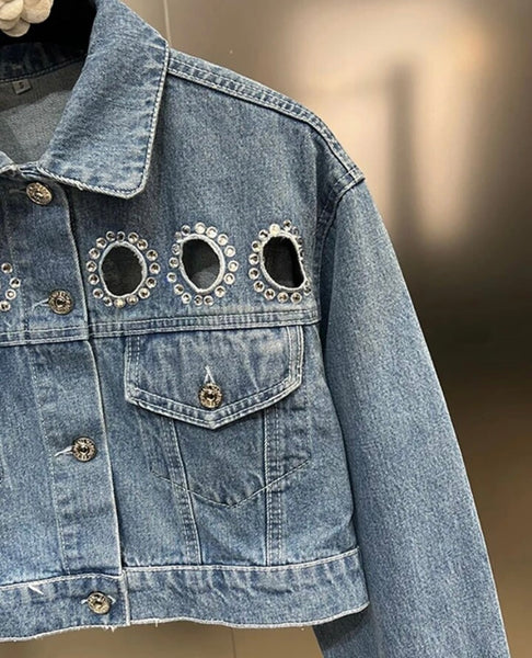 Women Fashion Cut Out Rhinestone Patchwork Denim Jacket