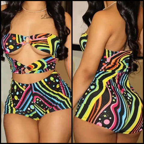 Women Sexy Strapless Multicolored Print Two Piece Short Set