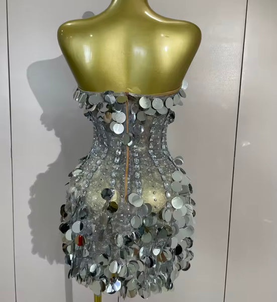 Women Sexy Strapless Sequins Rhinestone Mesh Dress