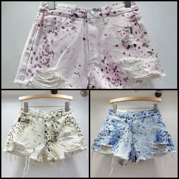 Women Fashion Ripped Color Tie Dye Denim Shorts