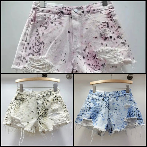 Women Fashion Ripped Color Tie Dye Denim Shorts