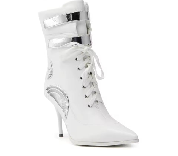 Women Fashion White Pointed Toe Lace Up High Heel Ankle Boots
