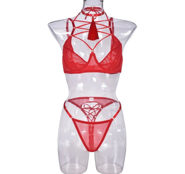 Women Red Sexy Choker Mesh Lingerie Set