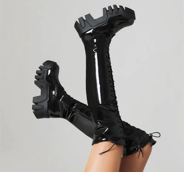 Women Black Faux/Patent Leather Lace Up Platform Knee High Boots