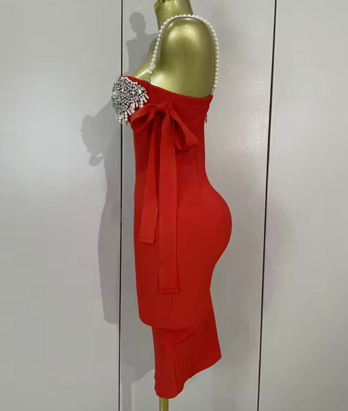 Women Sexy Pearl Rhinestone Sleeveless Bandage Dress