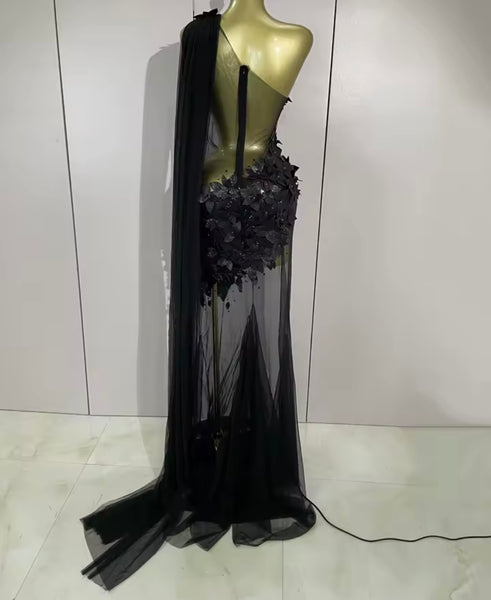 Women Sexy One Shoulder Sleeveless 3D Floral Mesh Maxi Dress