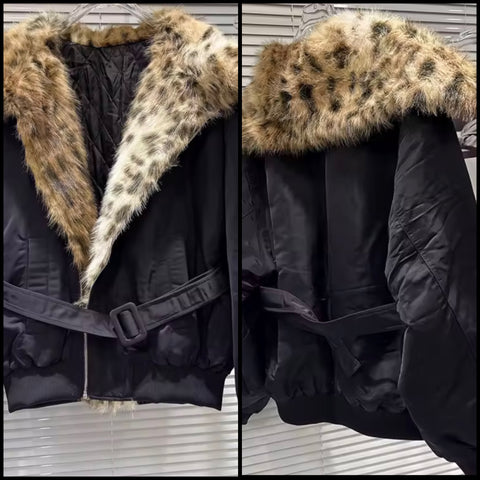 Women Black Leopard Faux Fur Patchwork Belted Jacket