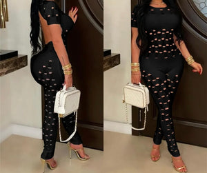 Women Sexy Fashion Ripped Short Sleeve Open Back Jumpsuit