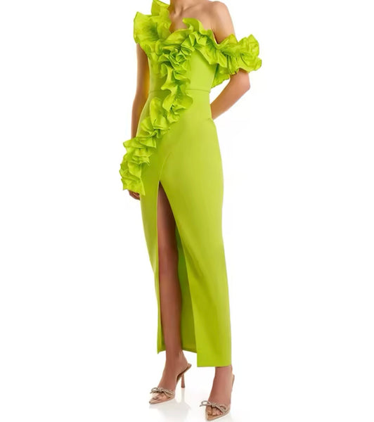 Women Green Ruffled Front Split Maxi Dress