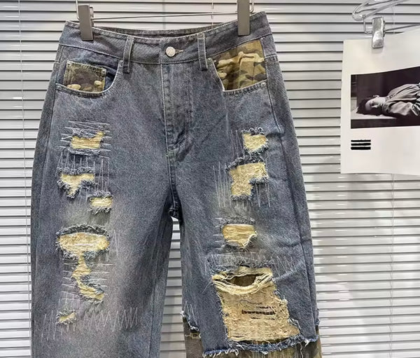 Women Fashion Blue Ripped Camouflage Denim Pants