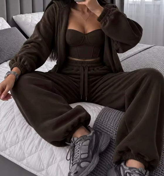 Women Color Hooded Fashion Three Piece Tracksuit Pant Set