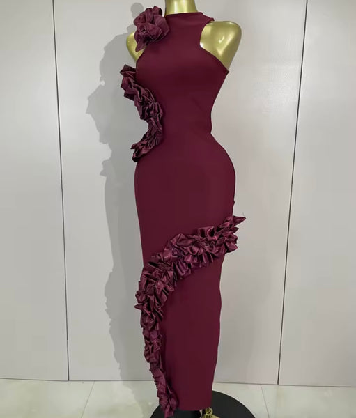 Women Sexy Sleeveless Burgundy Ruffled Maxi Dress