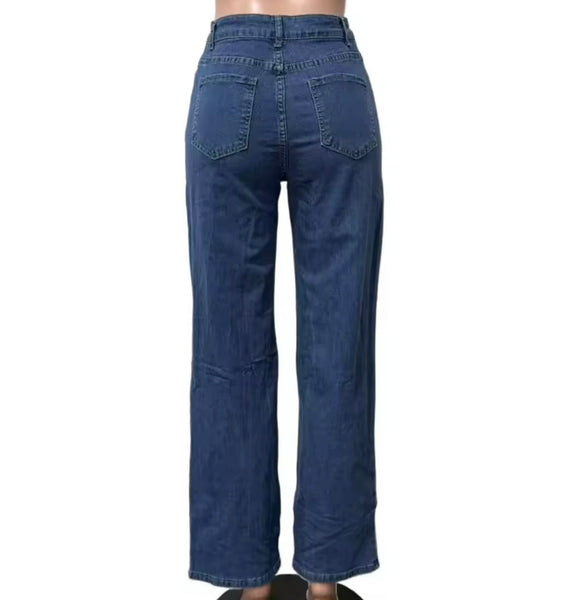 Women Fashion Beaded Cut Out Floral Denim Pants