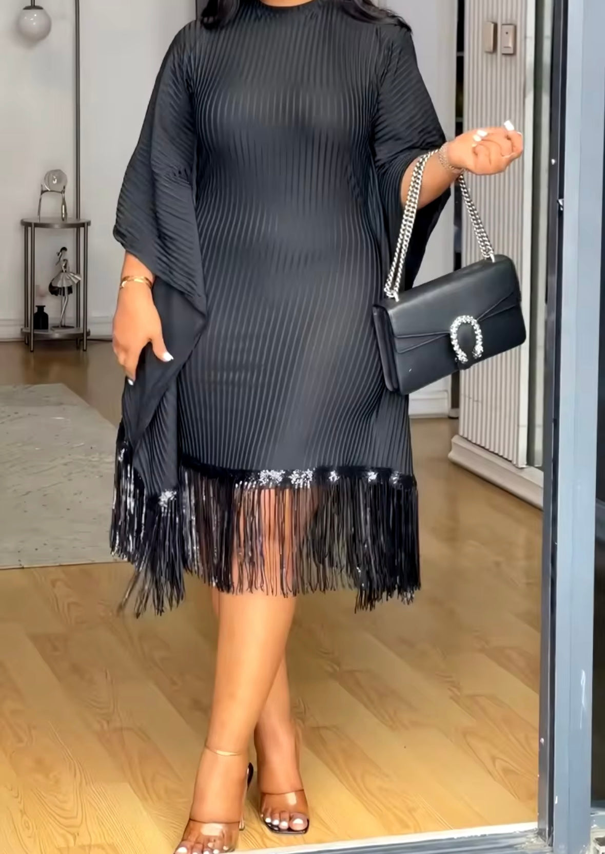 Women Sexy Short Sleeve Sequins Tassel Dress