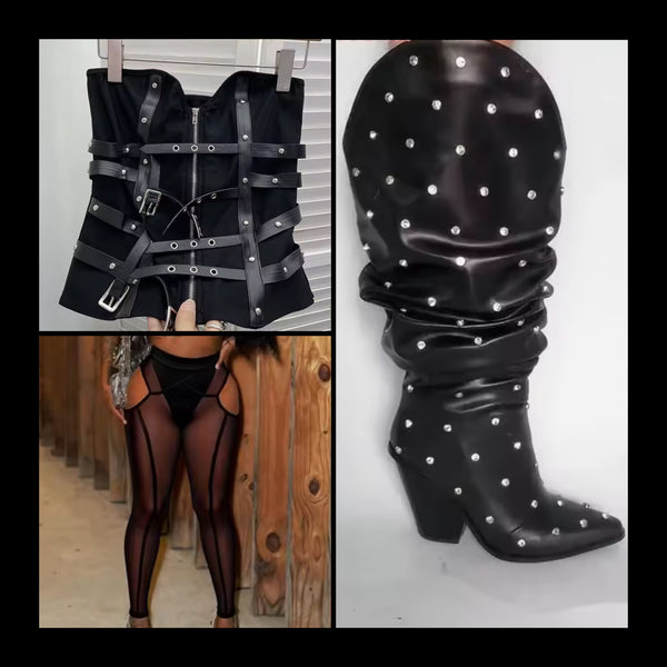 Women Strapless Zip Up Buckled Rivet Corset Top