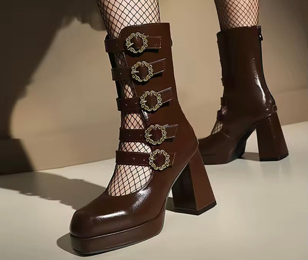 Women Fashion Square Toe Buckled Thick Heel Ankle Boots