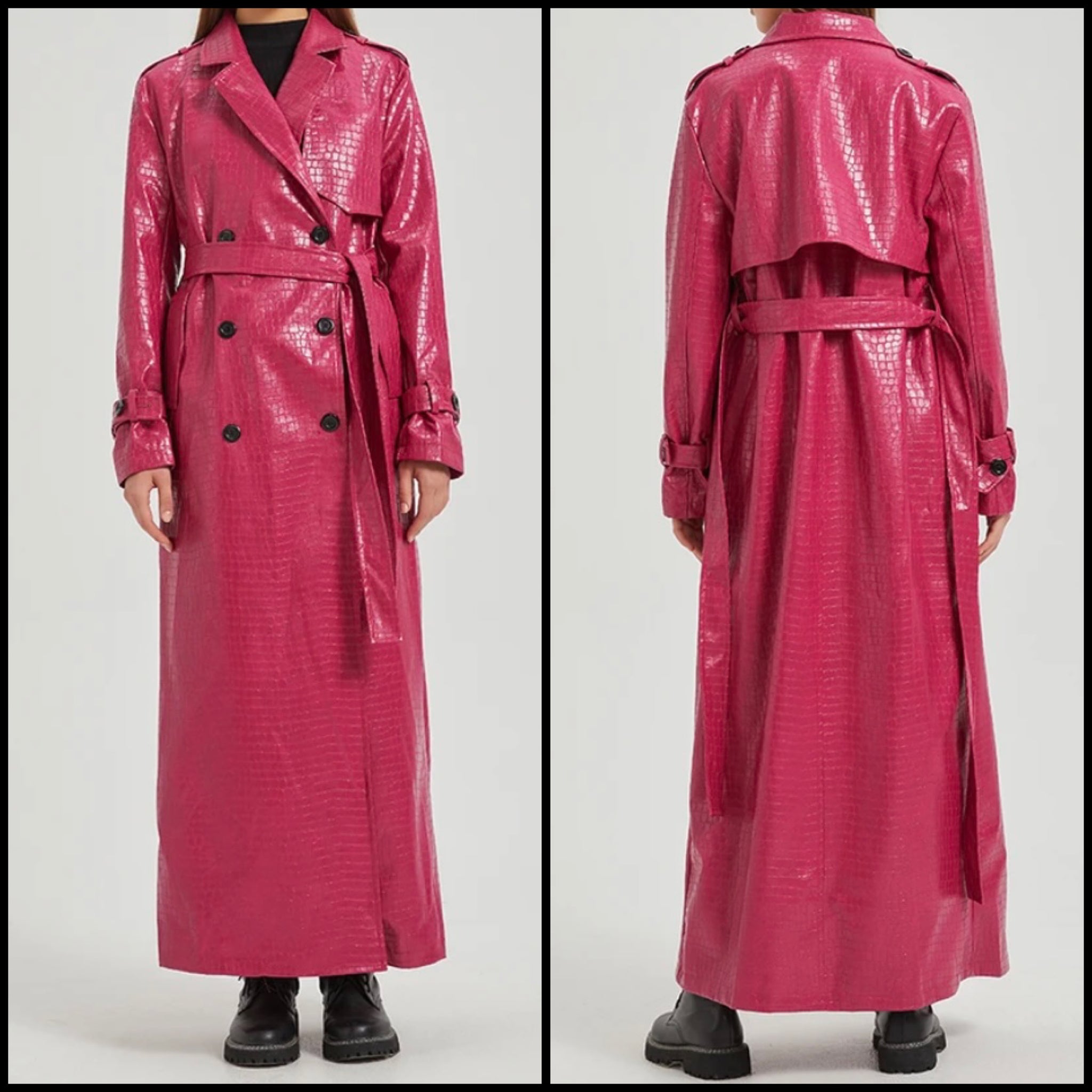 Women Pink Faux Leather Fashion Button Up Trench Jacket