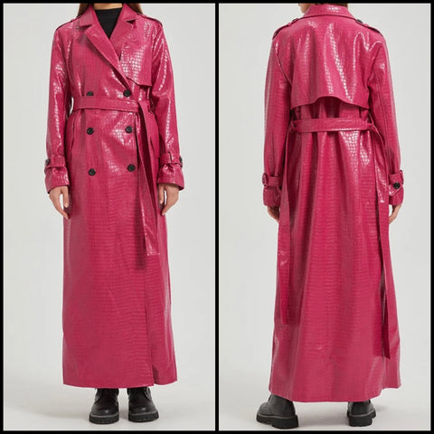 Women Pink Faux Leather Fashion Button Up Trench Jacket