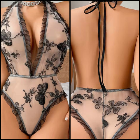 Women Sexy Nude Floral Mesh Halter Bodysuit Lingerie