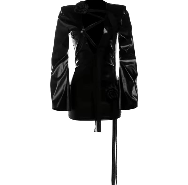 Women Sexy Black Faux Leather Lace Up Full Sleeve Dress