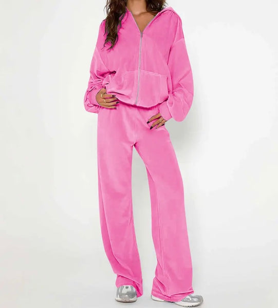 Women Color Fashion Hooded Velour Tracksuit Two Piece Pant Set