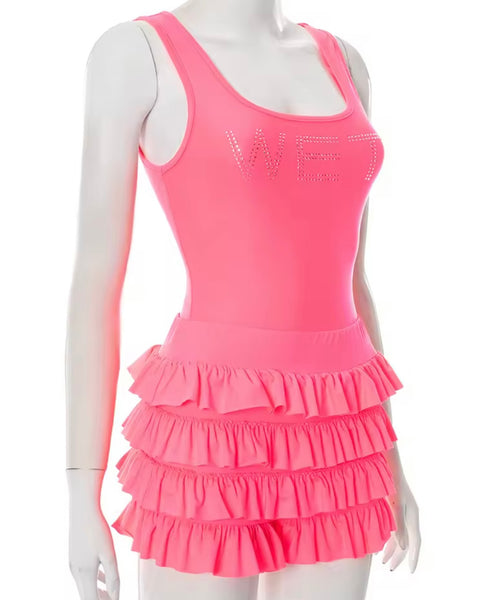Women Sexy Sleeveless Bling Letter Print Ruffled Two Piece Short Set