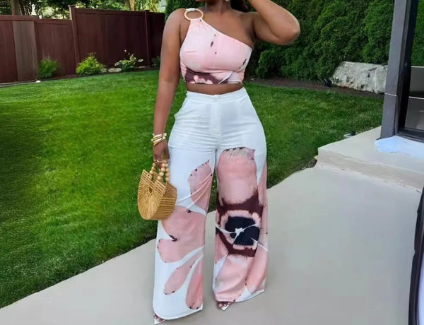 Women Sexy One Shoulder Sleeveless Crop Floral Two Piece Pant Set