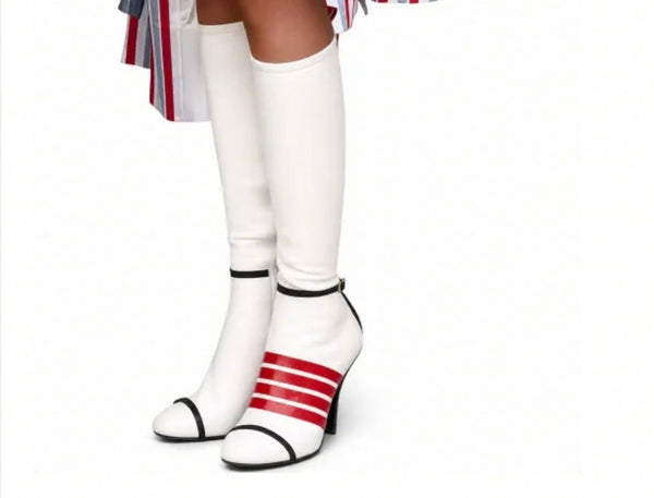 Women Fashion Round Toe Stripe Buckle Knee High Boots