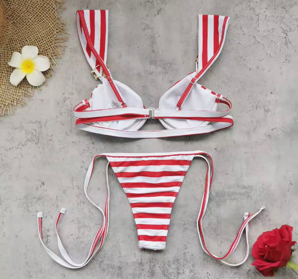 Women Sexy Red/White Striped Bikini Swimsuit