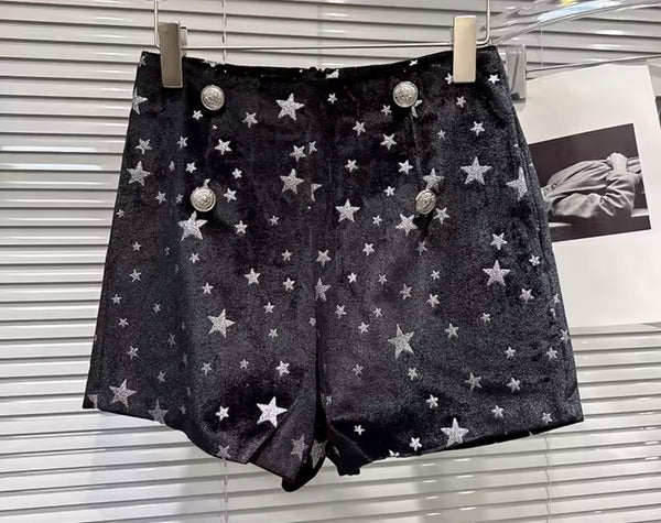 Women Black Velvet Printed Blazer Two Piece Short Set