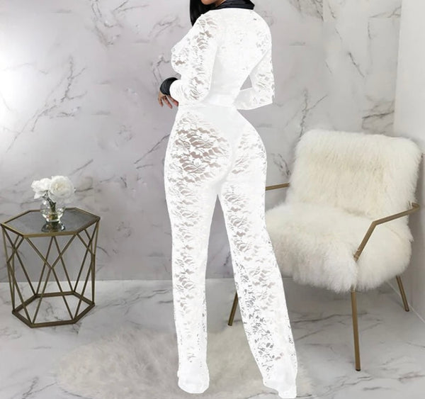 Women Sexy B&W Collar Lace Full Sleeve Jumpsuit