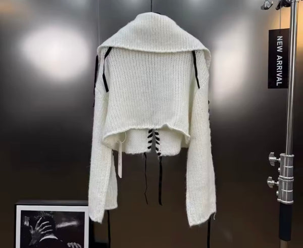 Women Fashion B&W Lace Up Full Sleeve Sweater Top