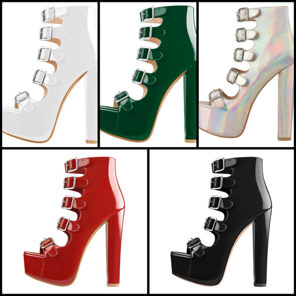 Women Open Toe Buckled Patent Leather Ankle Sandals