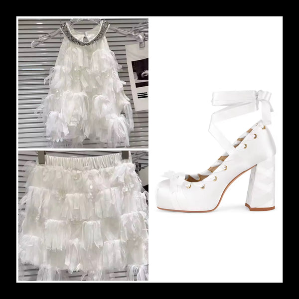 Women Fashion Square Toe Satin Bow Ribbon Lace Up High Heels