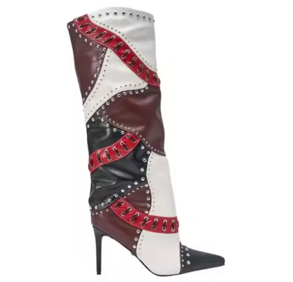 Women Fashion Pointed Toe Color Patchwork Knee High Boots