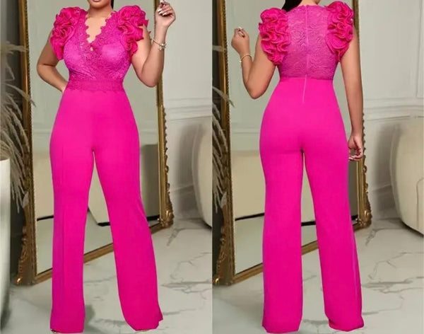 Women Sexy Color Ruffled Lace Patchwork Short Sleeve Jumpsuit