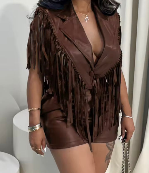 Women Fashion Faux Leather Sleeveless Tassel Two Piece Short Set