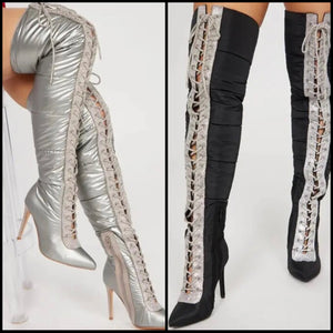 Women Bling Patchwork Puff Lace Up Fashion Over The Knee Boots