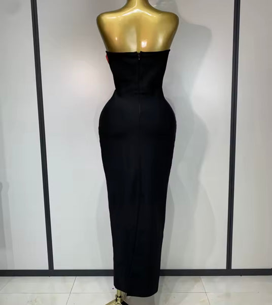 Women Sexy Strapless 3D Floral Rhinestone Maxi Dress